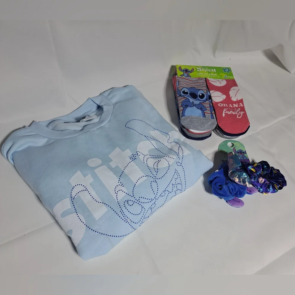 Disney Stitch Girls Sweatshirt‎ Size Youth S Socks 4-10 Scrunchies Set NEW